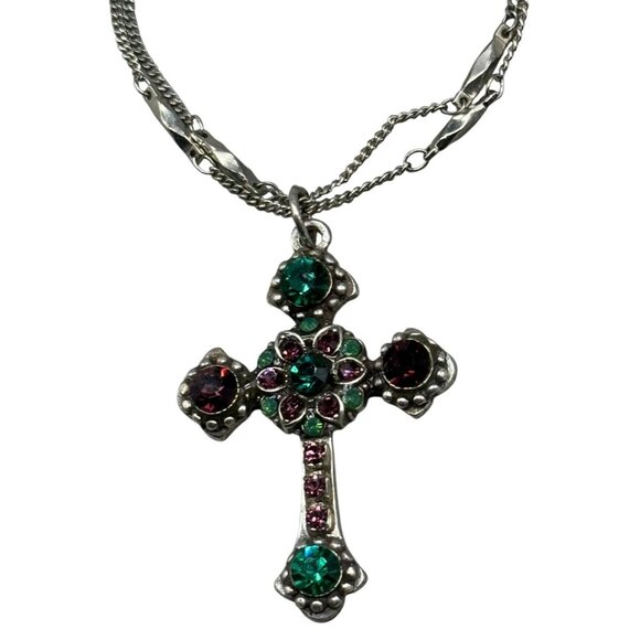 Mariana cross double chain necklace handmade crystal green floral 19" READ NEW - Picture 1 of 6